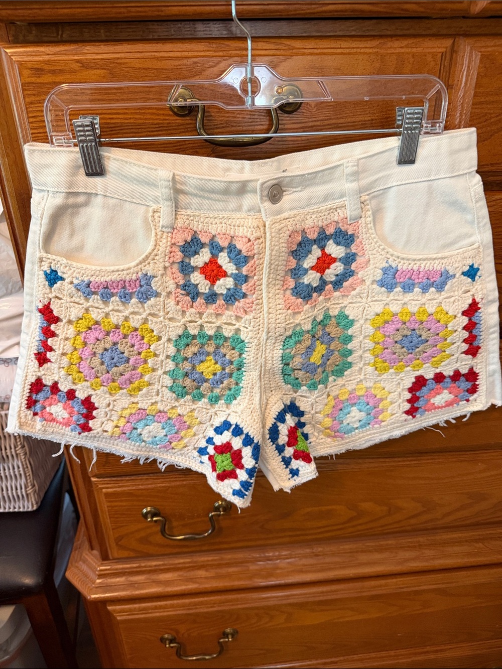 Alter'd State Crochet Patchwork Cream Women's Shorts with Multicolor Accents
